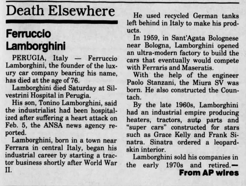 Article sur la mort de Ferruccio Lombarghini en 1993