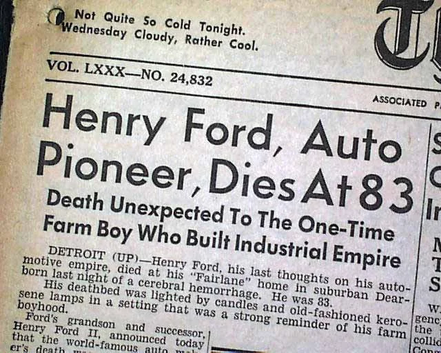Article sur la mort d'Henry Ford 1947