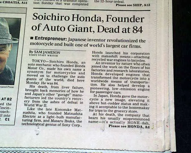 Premier reportage sur la mort de Soichiro Honda - Los Angeles Times 1991